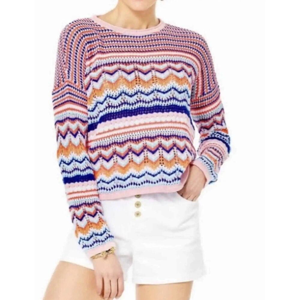 Lilly Pulitzer Samora Sweater Top Kitschy Coral Textured Reef Stripe Large - Picture 2 of 9